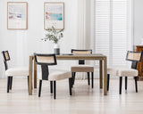 HNY Mid Century Modern Rattan Dining Chairs Set of 6, Farmhouse Linen Upholstered Accent Chair Curved Backrest Kitchen Chairs, with Black Hardwood Frame, Beige HNY