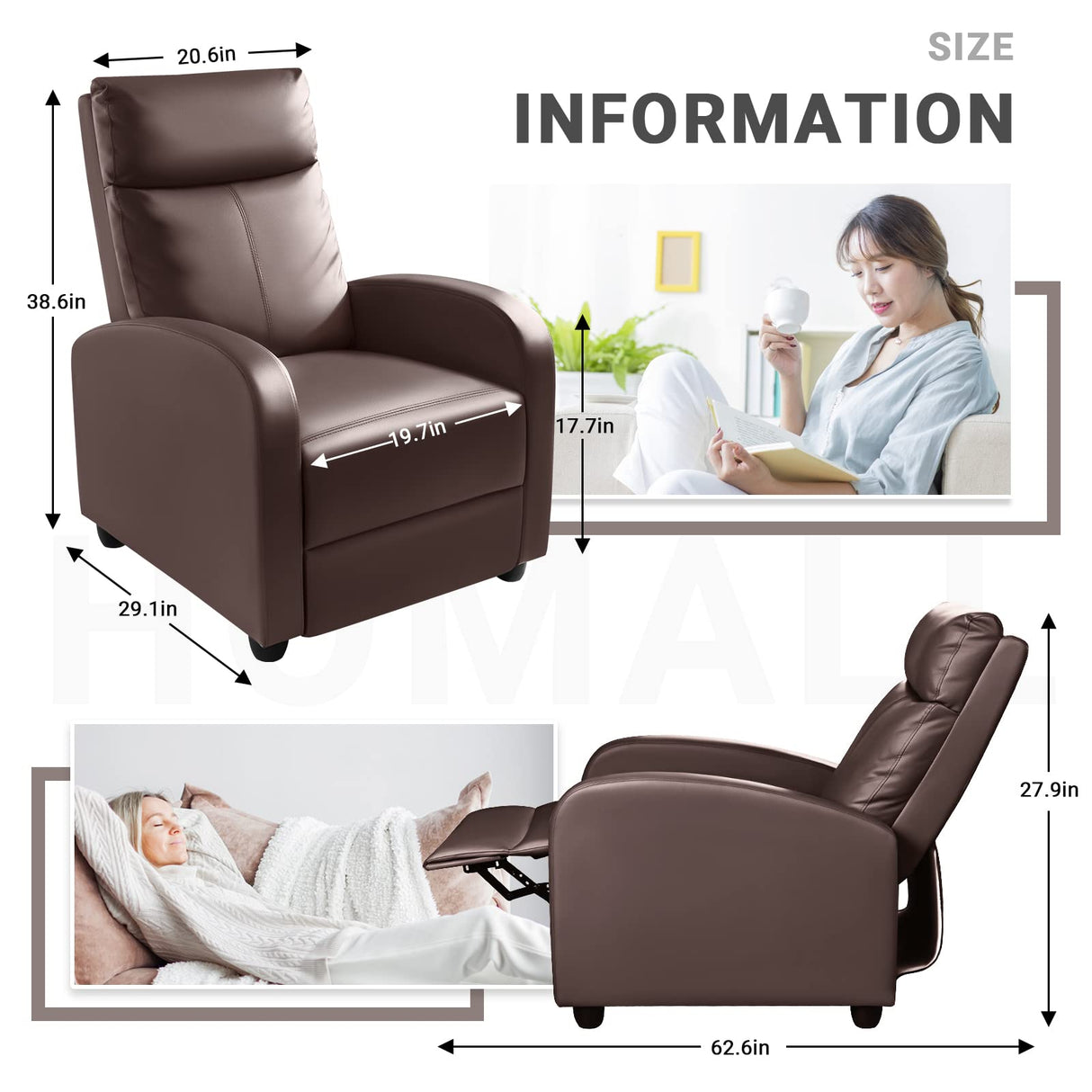 Homall Recliner Chair, Recliner Sofa for Adults, Recliners Home Theater Seating with Lumbar Support, Reclining Sofa Chair for Living Room (Leather, Brown) Homall