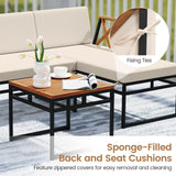 Tangkula 3 Pieces L-Shaped Outdoor Furniture Set, Acacia Wood Patio Sectional Cushioned Conversation Sofa with Square Coffee Table, for Porch, Backyard & Poolside (Beige) Tangkula