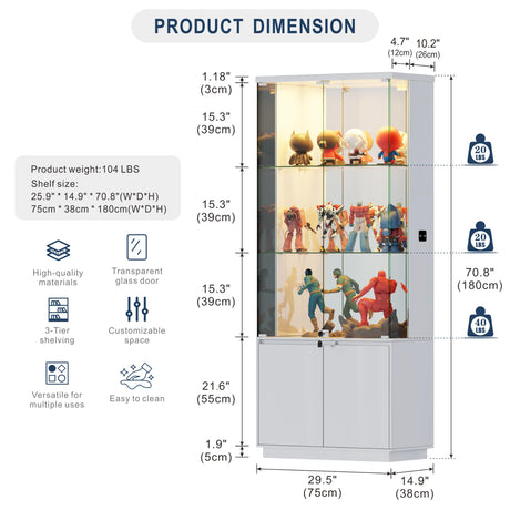 HNEBC 71'' Display Cabinet with Glass Doors&3 Color Lights&Lockable for Bedroom White,High Gloss Curio Cabinet with Adjustable Glass Shelf 3-Tier Bookcase for Living Room HNEBC