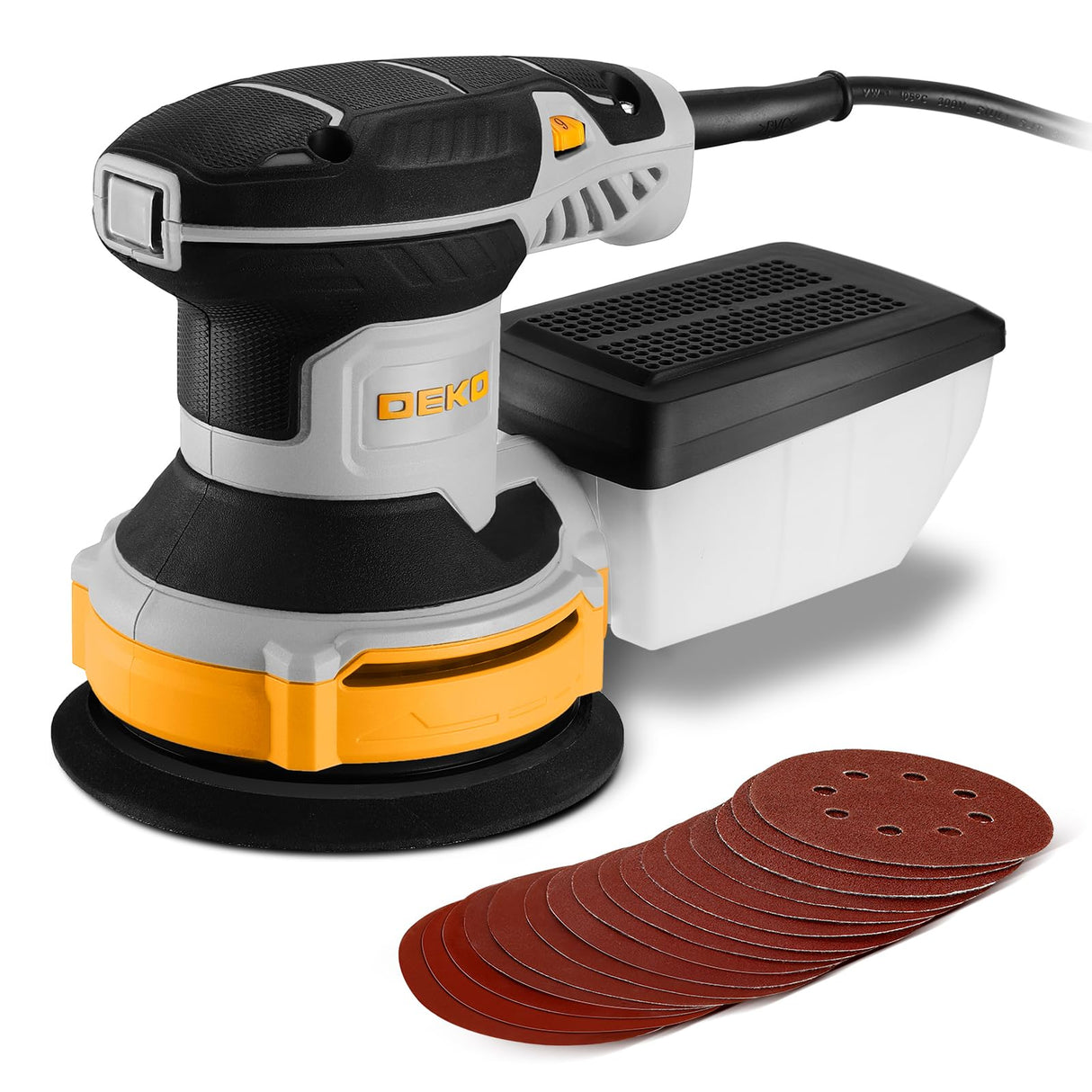 Orbital Sander Corded Hand Sander: DEKOPRO 20V 5" Random Orbital Sander with Dust Box, 6 Various Speeds Electric Palm Sander with Dust Box, 16Pcs Sandpapers for Woodworking & Sanding-Yellow DEKOPRO