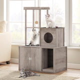 MAHANCRIS Cat Tree with Litter Box Enclosure, Hidden Cats Litter Box Furniture with Condo and Plush Ball, Wooden Cats Washroom Furniture with Platform, Indoor Cat House, Greige CWHG1501 MAHANCRIS