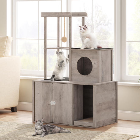 MAHANCRIS Cat Tree with Litter Box Enclosure, Hidden Cats Litter Box Furniture with Condo and Plush Ball, Wooden Cats Washroom Furniture with Platform, Indoor Cat House, Greige CWHG1501 MAHANCRIS