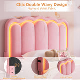 Twin Upholstered LED Bed Frame with Storage Drawer and Adjustable Chic Double Wavy Headboard, Velvet Princess Platform Bed for Girls/Kids, Solid Wood Slats Support, No Box Spring Needed, Pink Jocoevol