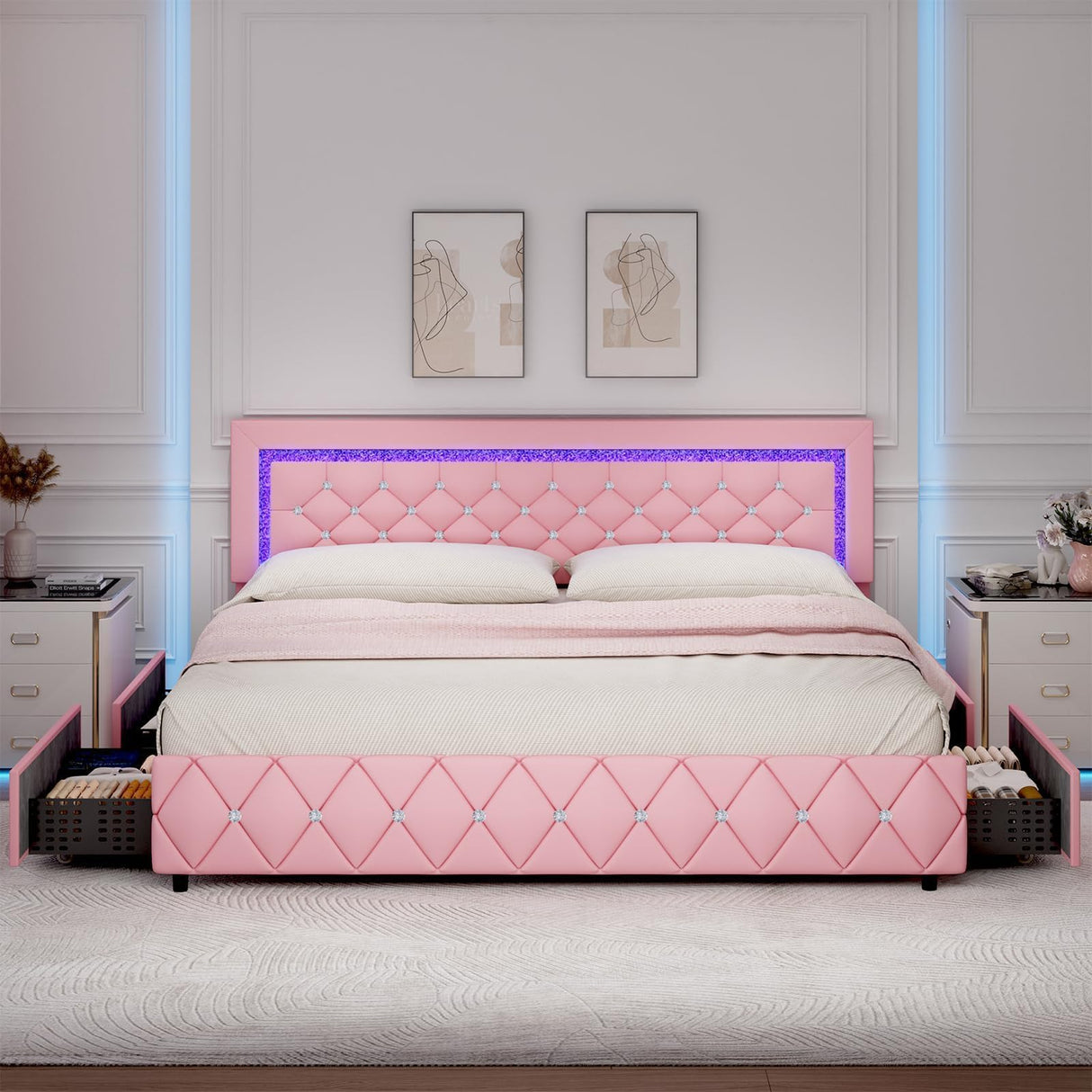Pink King Size Bed Frame with LED Lights, Upholstered Platform Bed with Diamond Tufted Headboard, Princess Bed Frame with Storage Drawers, Wooden Slats Support, No Box Spring Needed, Easy Assembly BarnFurin
