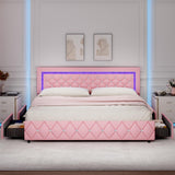 Pink King Size Bed Frame with LED Lights, Upholstered Platform Bed with Diamond Tufted Headboard, Princess Bed Frame with Storage Drawers, Wooden Slats Support, No Box Spring Needed, Easy Assembly BarnFurin