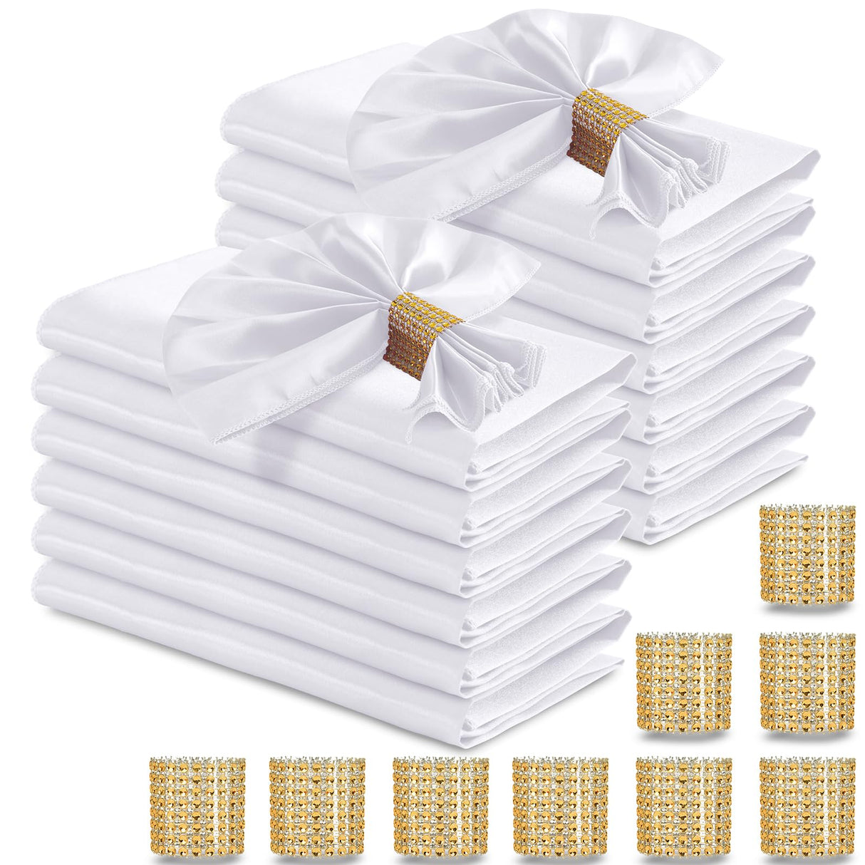 RUDONG M 100 Pcs White Satin Napkins and Napkin Rings Set, 17 x 17 Inch Square Cloth Napkins Set of 50, Silky Soft Table Napkins Bulk for Weddings, Banquet, Parties Dinner Decoration RUDONG M