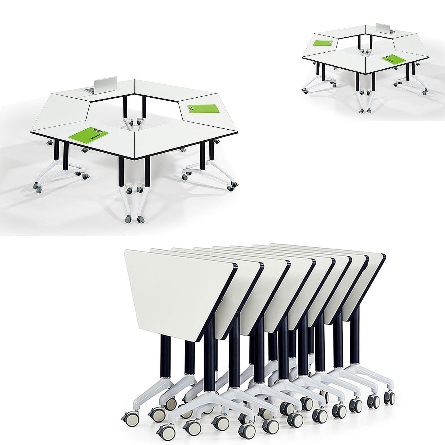 CUAOCEZ Conference Room Table Foldable Flip Top Mobile Training Table,combinable trapezoidal Conference Table Computer Desk,Metal Frame,with Modesty and Lockable Wheels Seminar Training Table (8PCS)