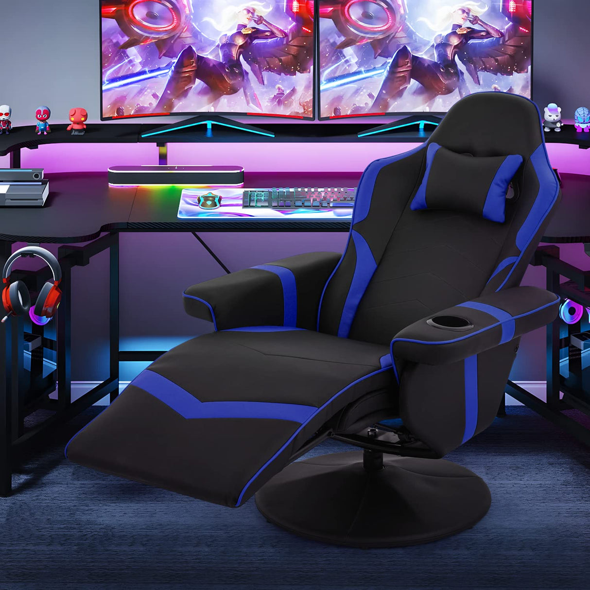 MoNiBloom Reclining Gaming Chair Ergonomic Game Recliner Chair Adjusted PU Leather Reclining Video Gaming Single Sofa with Retractable Footrest, Swivel Theater Seating Gaming Couch w/Cup Holder, Blue MoNiBloom