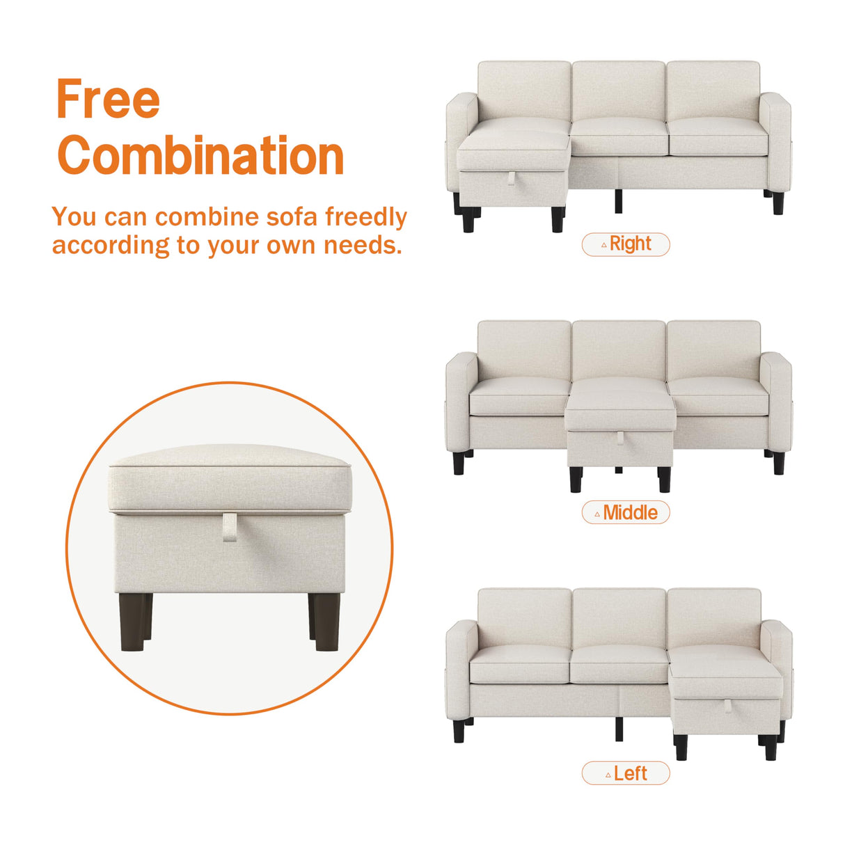 ZeeFu Convertible Sectional Sofa Couch: Beige 3 Seat L-Shaped Sectional Sofa Couches with Storage Ottoman - Modern Linen Fabric Small Sofa Couch Set for Living Room Office Small Space Apartment ZeeFu