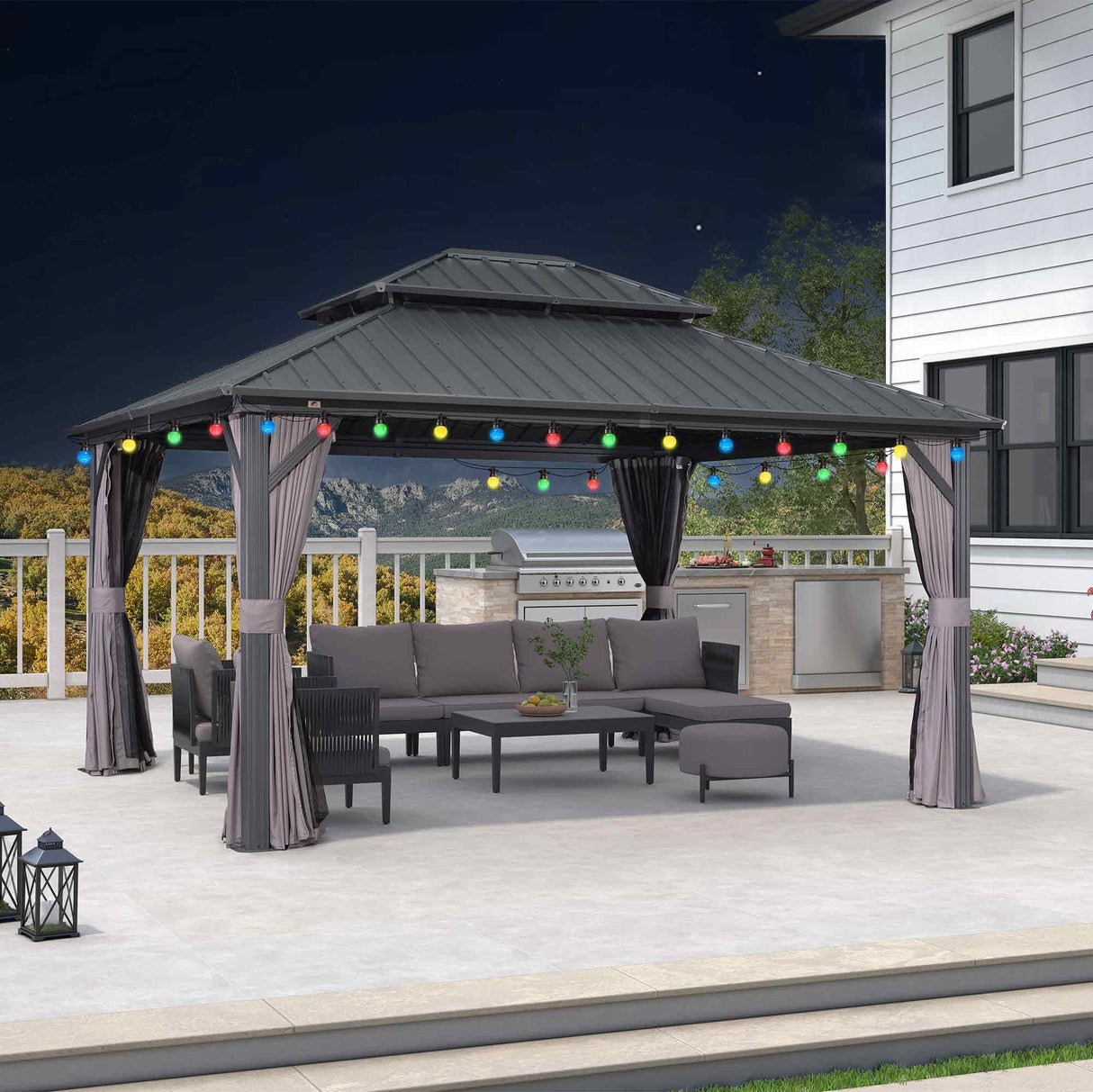 PURPLE LEAF 12' X 14' Hardtop Gazebo with String Lights Patio Hardtop Gazebo with Heavy Duty Galvanized Steel Double Roof for Patio Lawn Garden, Netting and Curtains Included, Grey PURPLE LEAF