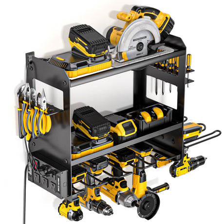 YYR Power Tool Organizer Wall Mount with Charging Station, Cordless Tools Hanger and Battery Storage Rack for Garage Organization, Heavy Duty Drill Holder Shelf Build in Metal Power Strip - Black YYR