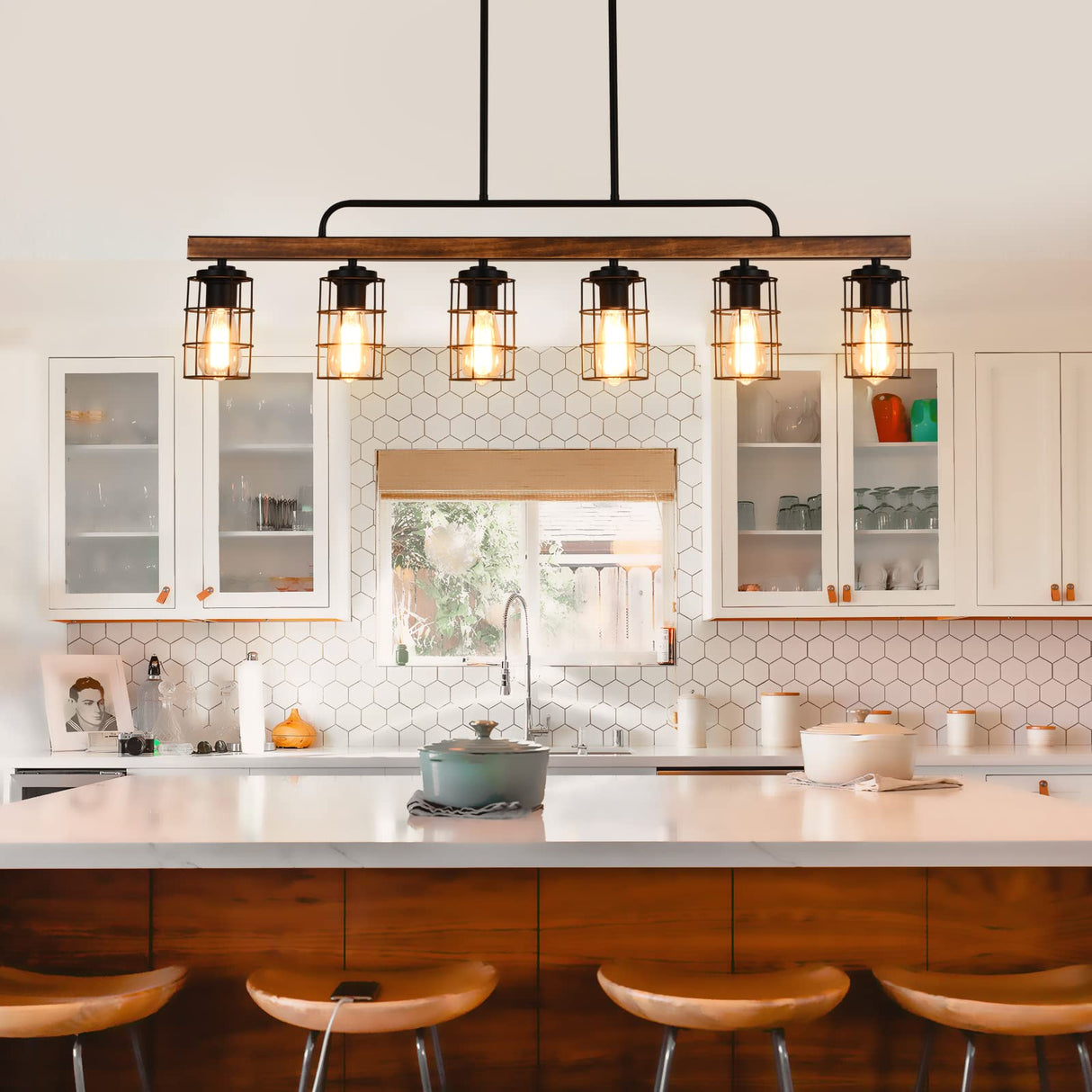 HOSENJOIN Island Lights for Kitchen,6-Light Dining Room Light Fixtures Over Table, Wood Linear Rustic Chandelier Pendant Lighting for Kitchen Island Dining table,Black 360W HOSENJOIN