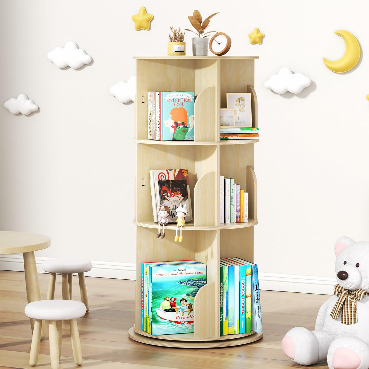 BIERUM Rotating Bookshelf Tower for Kids, 360° Display 3 Tier Spinning Bookshelf Storage Round Carousel, Small Rotating Bookcase, Revolving Bookshelf for Kids Room, Bedroom, Living Room BIERUM
