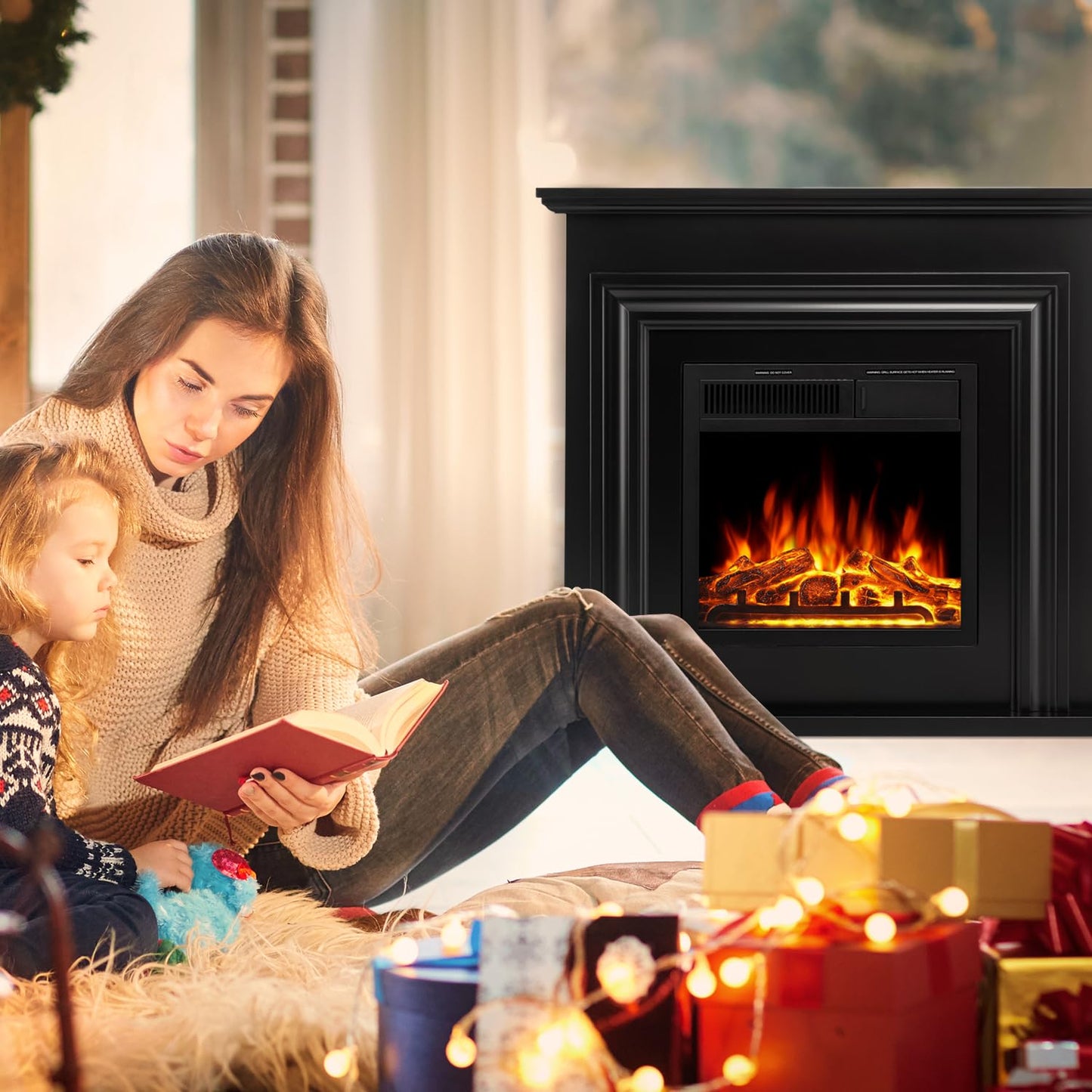 R.W.FLAME Electric Fireplace Mantel Wooden Surround Firebox, 36" Black TV Stand with Freestanding Electric Fireplace,Remote Control, Adjustable Led Flame, 750W/1500w