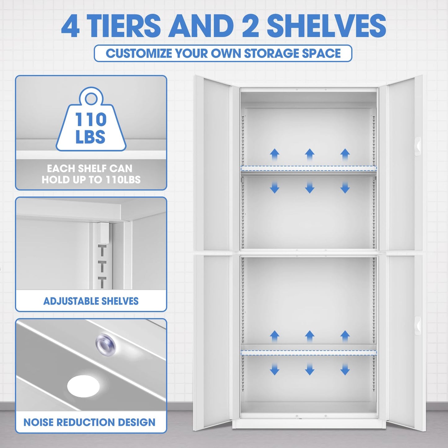 DNA MOTORING Metal Storage Cabinet, 71'' Locking Cabinet with 4 Doors and 2 Adjustable Shelves, Metal Cabinet Heavy Duty Utility Cabinet for Garage,Office,Home,Gym, White, TOOLS-00634-WH-WH - WoodArtSupply