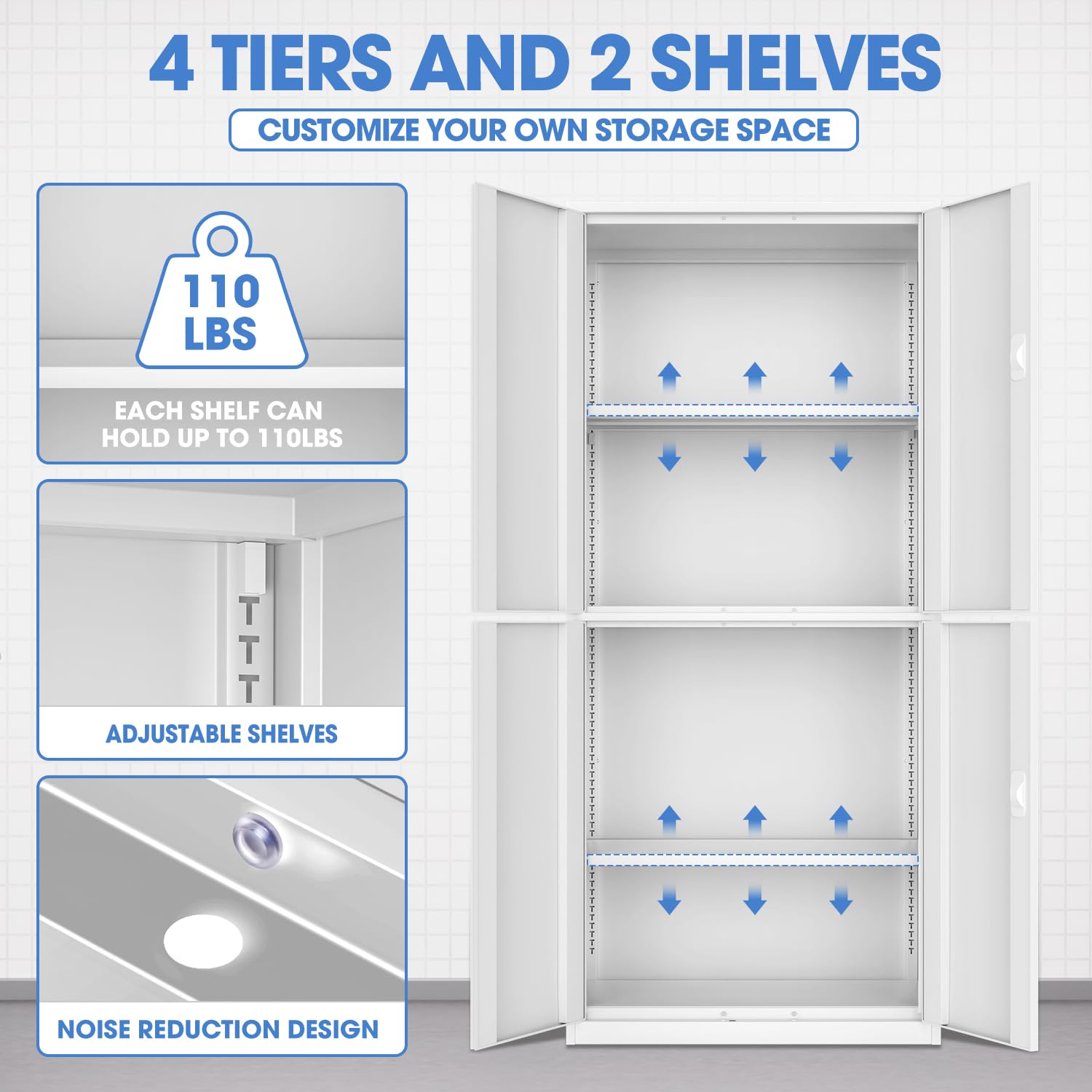 DNA MOTORING Metal Storage Cabinet, 71'' Locking Cabinet with 4 Doors and 2 Adjustable Shelves, Metal Cabinet Heavy Duty Utility Cabinet for Garage,Office,Home,Gym, White, TOOLS-00634-WH-WH - WoodArtSupply