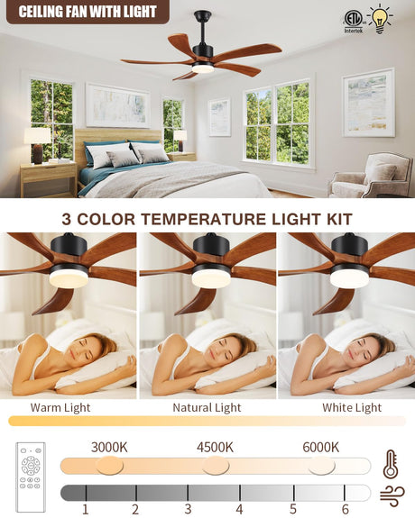 60 Inch Ceiling Fans with Lights Remote Control, Modern Ceiling Fan 5 Blades Wood Fan for Outdoor, 3 Downrods, ETL Listed, Timer, 6 Speeds Reversible Quiet Dc Motor for Patios Forrovenco