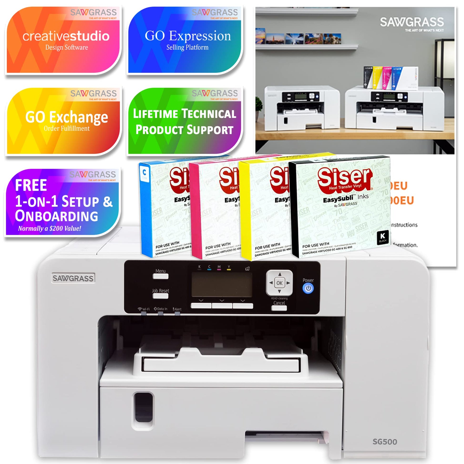 Sawgrass UHD Virtuoso SG500 Sublimation Printer Starter Bundle with Easysubli Inks, Turquoise 4-in-1 Heat Pres, Paper, Tape, Blanks, Designs, Exclusive Content White (SG500-4IN1-TURQ-BUNDLE) - WoodArtSupply