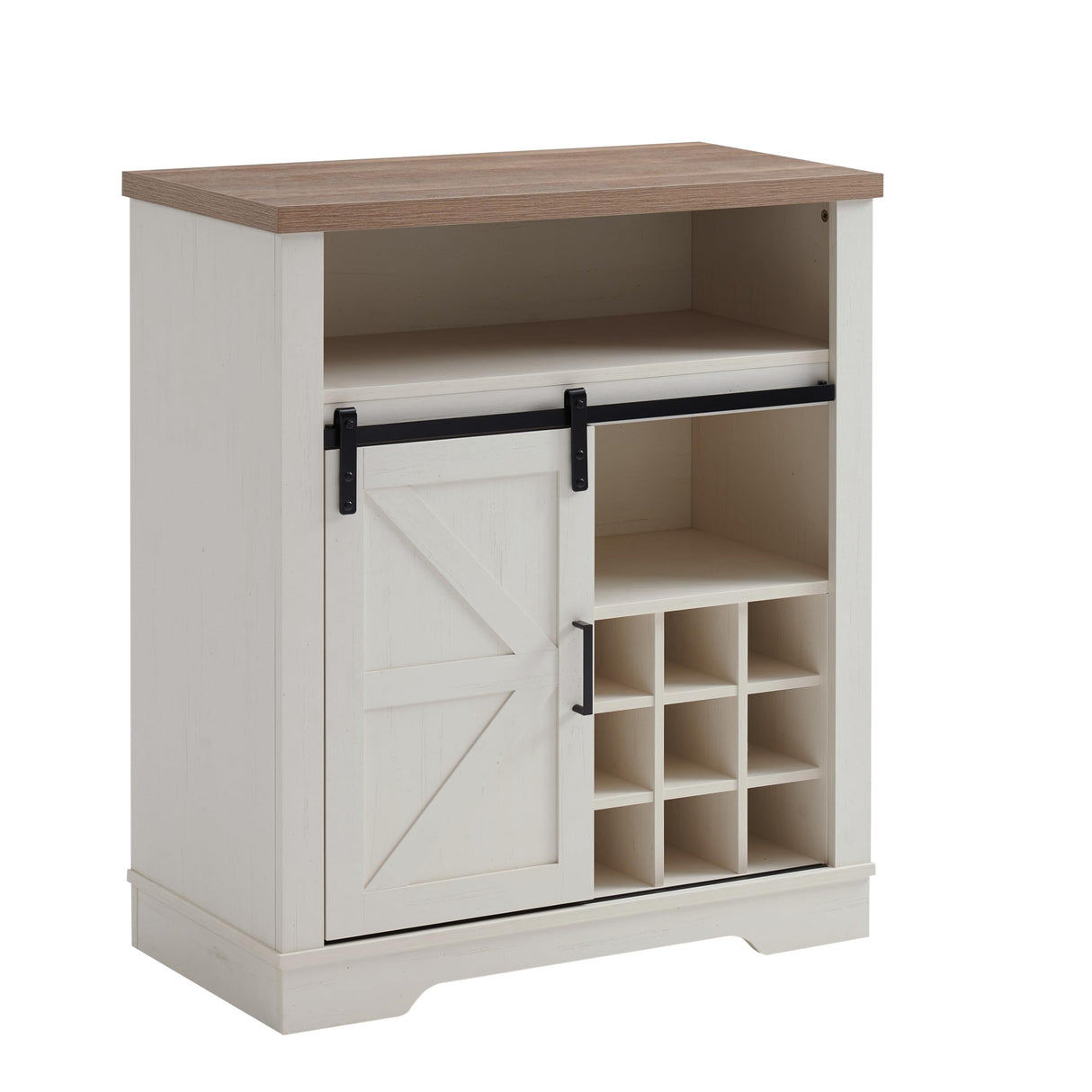 Kebuz House Farmhouse Wine Cabinet with Sliding Barn Door & Open Shelf, Liquor Cabinet with Rack for Inside Cabine，Buffet Table for Dining Room, Kitchen，Off White Kebuz House