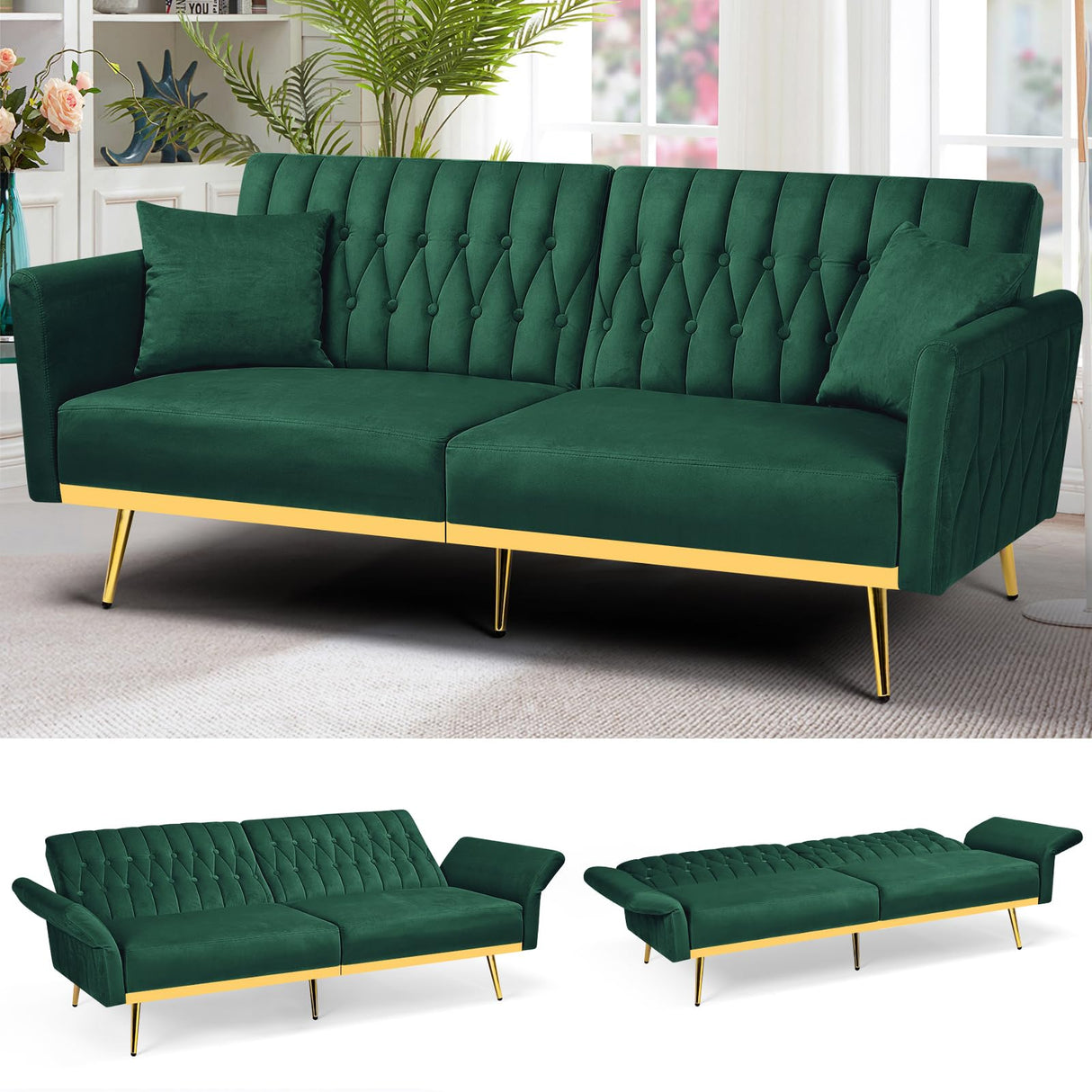 ACMEASE 70” Velvet Futon Sofa Bed w/Adjustable Backrests and Armrests, Convertible Futon Couch with 2 Pillows, Modern Tufted Sleeper Bed for Living Room, Bedroom,Green ACMEASE