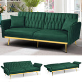 ACMEASE 70” Velvet Futon Sofa Bed w/Adjustable Backrests and Armrests, Convertible Futon Couch with 2 Pillows, Modern Tufted Sleeper Bed for Living Room, Bedroom,Green ACMEASE