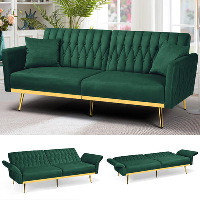 ACMEASE 70” Velvet Futon Sofa Bed w/Adjustable Backrests and Armrests, Convertible Futon Couch with 2 Pillows, Modern Tufted Sleeper Bed for Living Room, Bedroom,Green