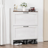 TRONLEE Shoe Storage Cabinet, 40.4H x 31.4W x 10.2D inches, 2 Flip Drawers, Warm White with Walnut Grain (Warm White Grayish) TRONLEE
