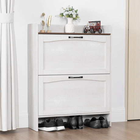 TRONLEE Shoe Storage Cabinet, 40.4H x 31.4W x 10.2D inches, 2 Flip Drawers, Warm White with Walnut Grain (Warm White Grayish) TRONLEE