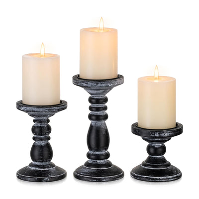 Inweder Wood Pillar Candle Holder: 3Pcs Rustic Black Candle Holders for Pillar Candles Wood Candle Holders Distressed Wooden Farmhouse Candle Holder Large Rustic Candle Holder for Fireplace Table