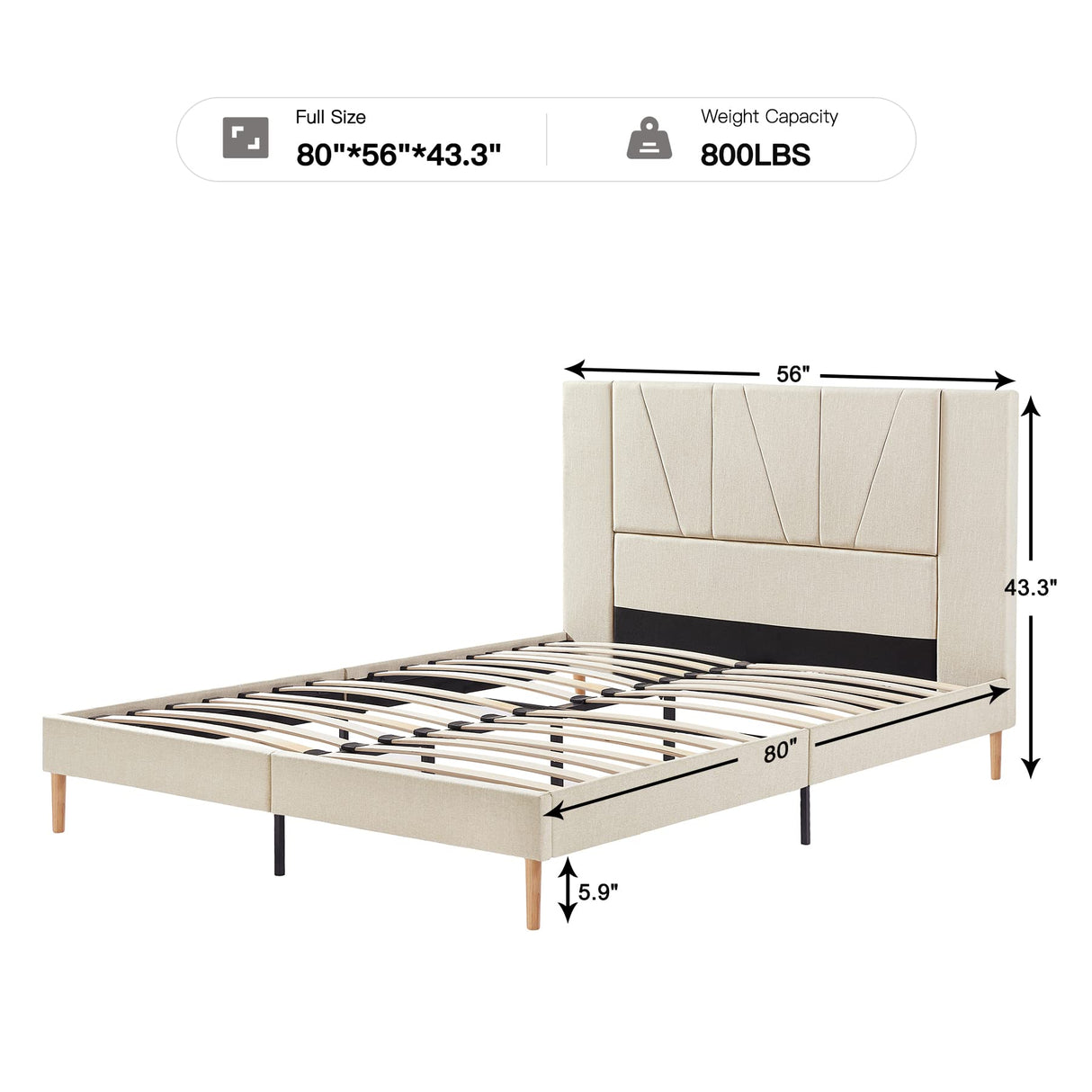 Flolinda Full Size Bed Frame Upholstered Platform with Complete Headboard and Strong Wooden Slats, No Box Spring Needed, Easy Assembly,Beige Flolinda