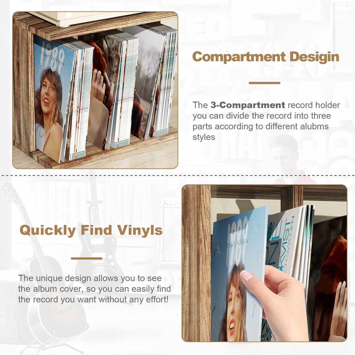 Emfogo Record Player Stand with Vinyl Storage, Turntable Wall Mount for 80-100 Albums, 3-Compartment Holder, Carbonized Black Emfogo