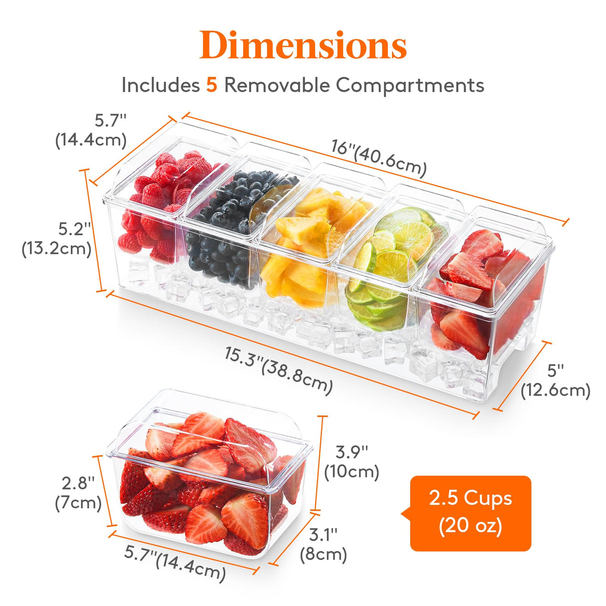 Lifewit Ice Chilled Condiment Caddy with 5 Containers(2.5 cup), Condiment Server with Separate Lids, Serving Tray Platter with Removable Dishes for Bar Accessories, Fruit, Salad, Taco, Party Garnish Lifewit