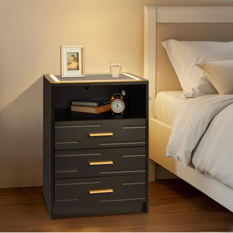 EROMMY LED Nightstand with Wireless Charging Station, Smart Night Stand with Color Adjustable Brightness Lights, Touch Screen Bedside Table with Glass Top, Drawers, Side Table for Bedroom EROMMY