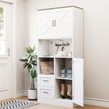 HAUXITIO Kitchen Pantry Storage Cabinet - with LED Lights and Power Strip, 68" Tall Food Pantry Hutch Organizer with Countertop, 2 Drawers, 3 Doors, Adjustable Shelves for Dining Living Room, White HAUXITIO