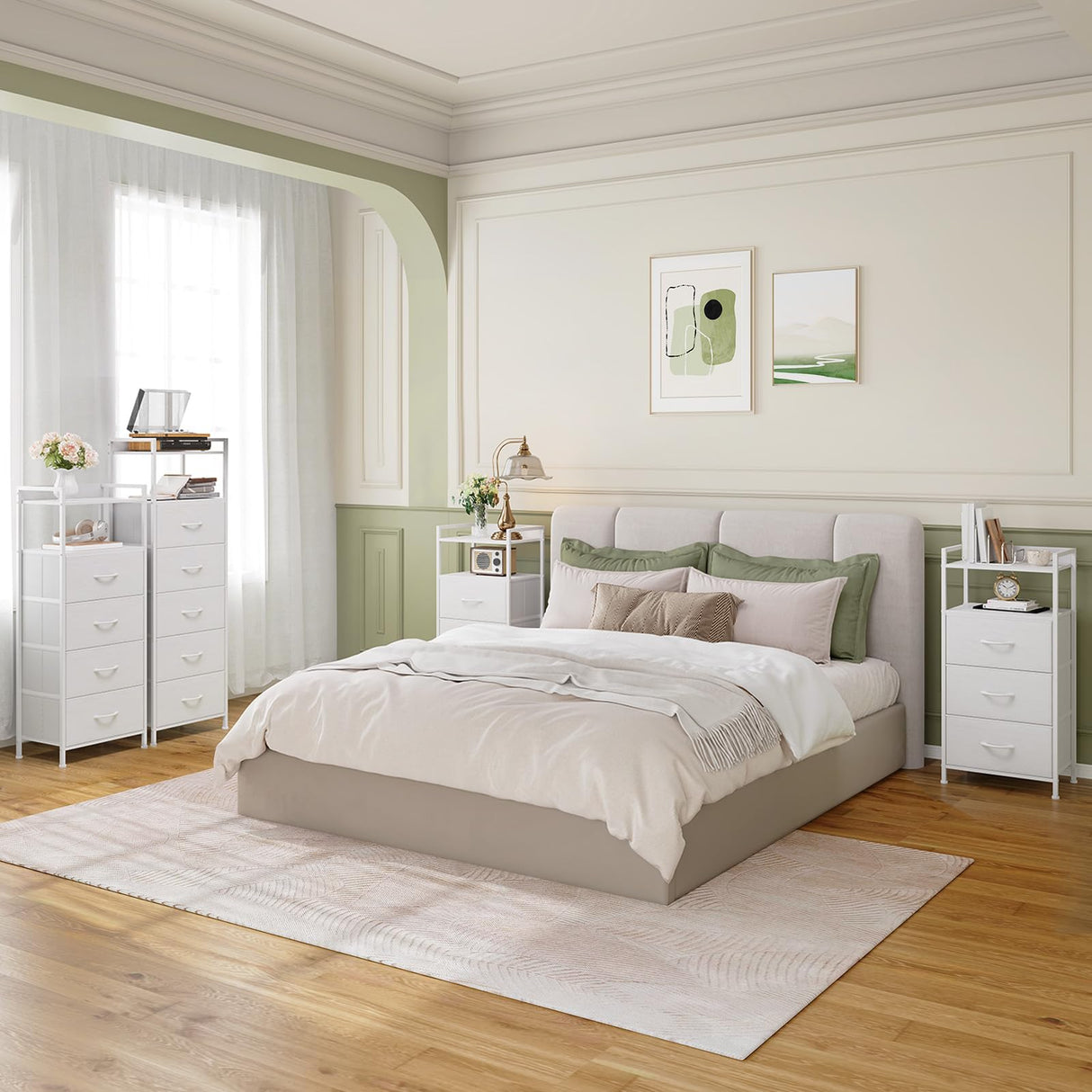 Somdot Nightstand with 3 Drawers, Dresser with Fabric Bins for Bedroom, Hallway, Entryway, Nightstand Bedside Table Furniture, Sturdy Steel Frame, Wooden Top, Easy Pull Fabric Bins, White Leather Somdot