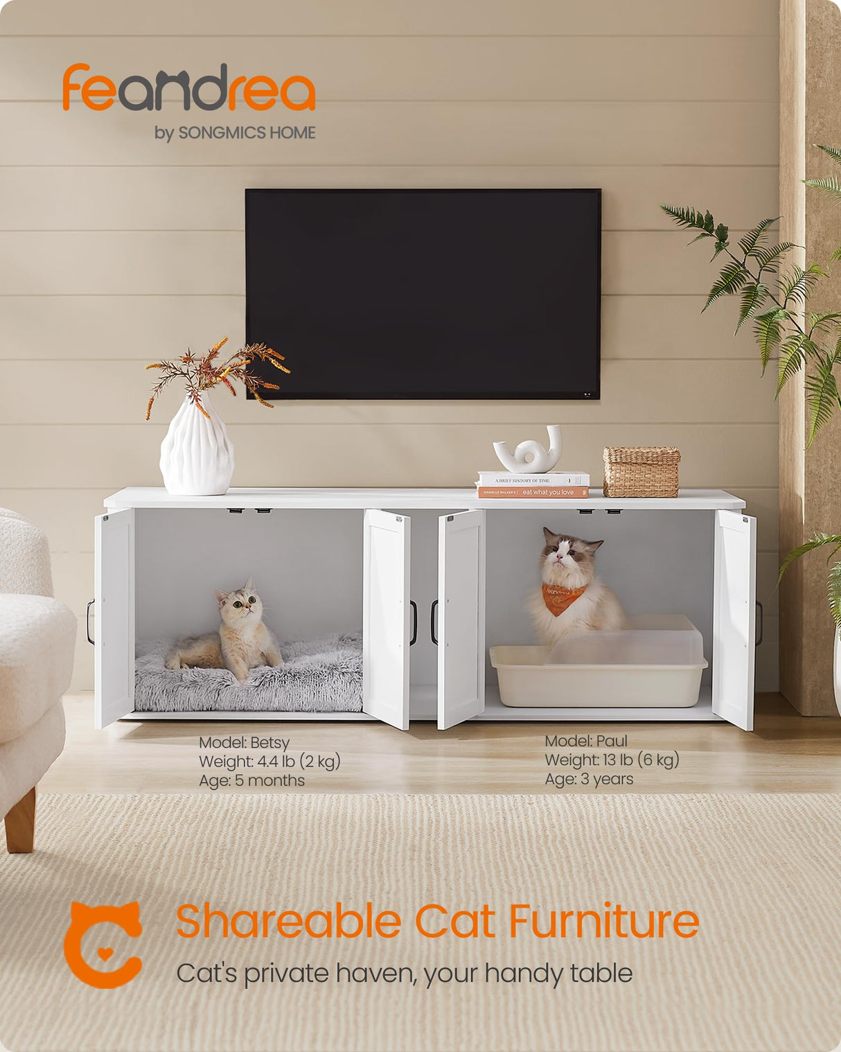 Feandrea Double Cat Litter Box Enclosure, Modern Cat Litter Box Furniture Hidden for 2 Cats, Front Entry, Cat House, Side End Table, TV Stand, 59 x 19 x 19.5 Inches, Cloud White UPCL010W01 Feandrea