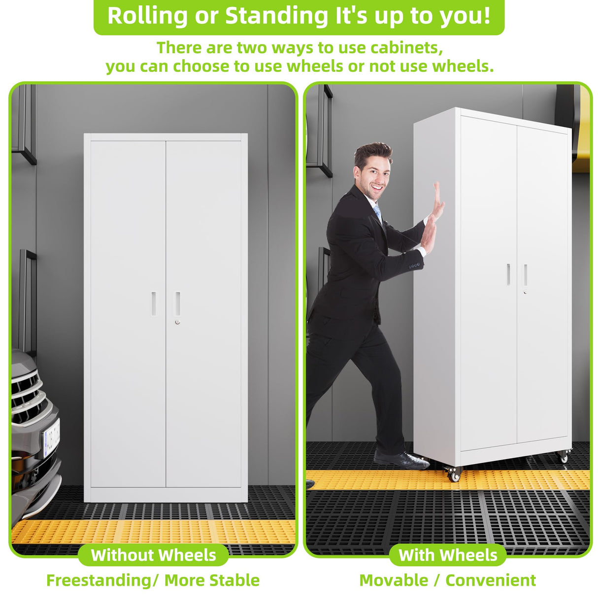 JAORD Garage Storage Cabinets with Wheels and Pegboard, 73" H Metal Storage Cabinet with Locking Doors and 4 Adjustable Shelves for Garage Home, Assembly Required, White JAORD