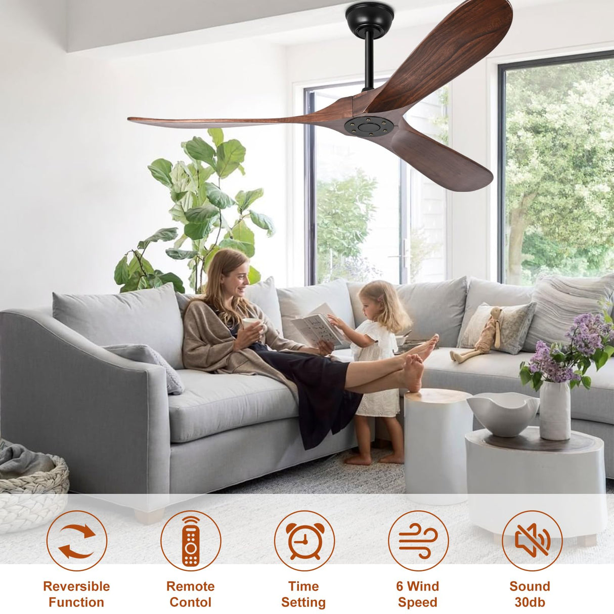 heimo 72 Inch Outdoor Ceiling Fans Without Lights，Wood Ceiling Fan No Light for Patios Living Room Bedroom Large Indoor Exterior Modern Farmhouse Propeller 3 Blade Wooden Fan with Remote (Walnut) heimo