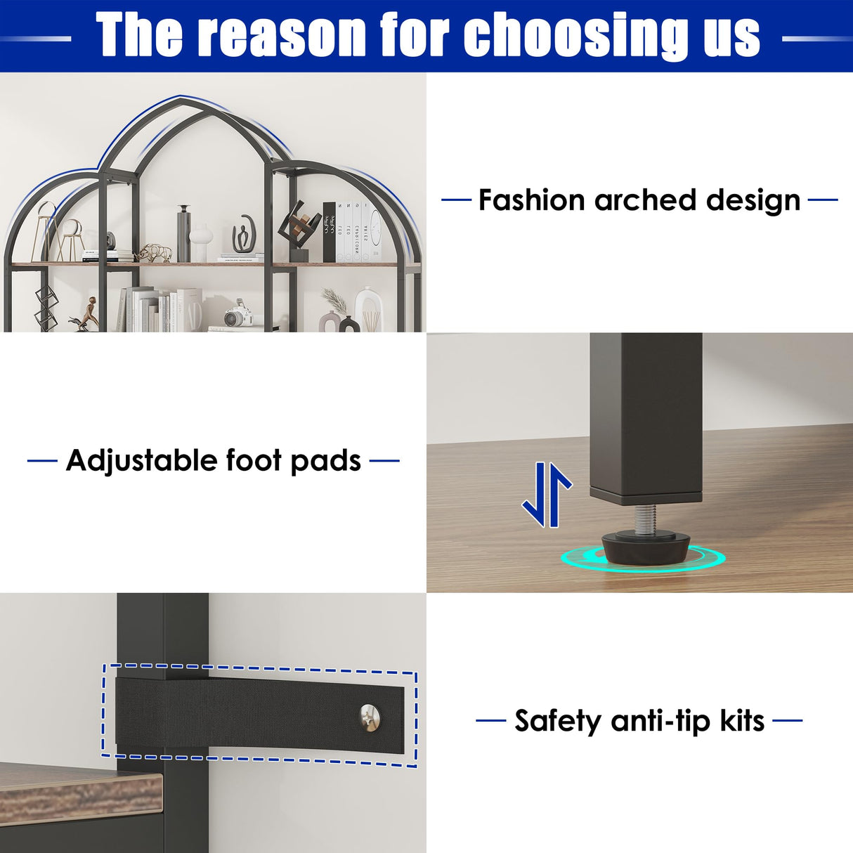 Nosepen Triple Wide 5 Tier Tall Arched Bookshelf and Bookcase with 3 Cabinets, Industrial Metal Etagere Open Bookshelf, Rustic Wood Standing Book Shelf with Black Metal Frame for Bedroom Living Room Nosepen