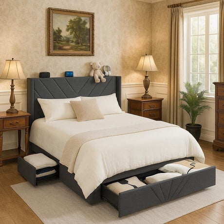 COMHOMA King Size Metal Bed Frame with Upholstered Headboard,Storage Drawers,USB & Type-C Charging Ports,No Box Spring Needed,Dark Grey COMHOMA