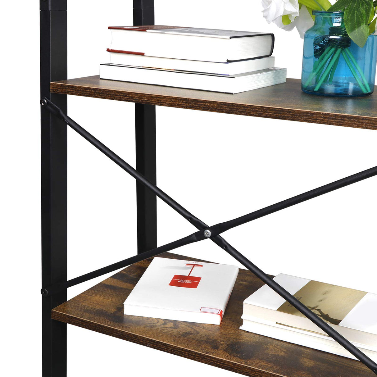 Saicool 4-Tier Ladder Bookcase Industrial Bookshelf Storage Organizer Rack Wood Metal Frame for Living Room Bedroom Bathroom Kitchen Saicool