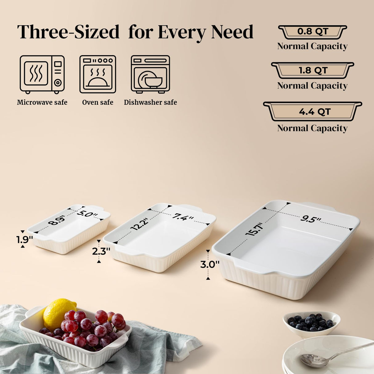 DOWAN Casserole Dishes for Oven, Baking Dishes Set, Ceramic Bakeware Sets of 3, Lasagna Pan Deep, Rectangular Baking Pan Set with Handles for Baking, Casserole, Kitchen, Wedding Gift, White (15.6''/12.2''/8.9'') DOWAN