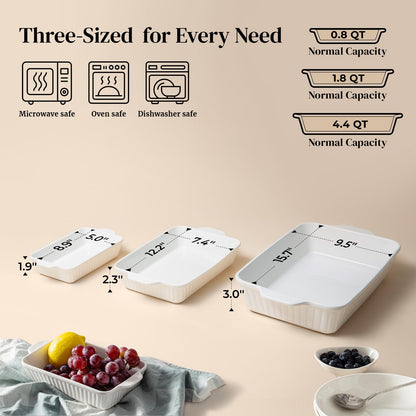 DOWAN Casserole Dishes for Oven, Baking Dishes Set, Ceramic Bakeware Sets of 3, Lasagna Pan Deep, Rectangular Baking Pan Set with Handles for Baking, Casserole, Kitchen, Wedding Gift, White (15.6''/12.2''/8.9'')