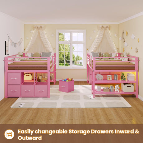 BTHFST Low Loft Bed Twin Size with 6 Storage Drawers, LED Lights, 2 Tier Storage Shelves, Kids Metal Loft Bed with 15" H Stairs & Safety Guardrail, Spave Saving, Pink BTHFST