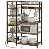HOOBRO Bakers Rack with Power Outlet, 35.8 Inches Kitchen Microwave Oven Stand Storage Shelf with Goblet Holder, Coffee Bar with LED Lights, and Wire Basket, Rustic Brown and Black BF90UDHB01 HOOBRO