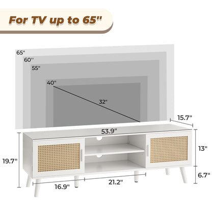 SUPERJARE 65 Inch TV Stand, Entertainment Center with Adjustable Shelf, Rattan TV Console with 2 Cabinets, Media Console, Solid Wood Feet, 4 Cord Holes, for Living Room, White