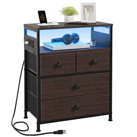 REAHOME Nightstand with Charging Station, Bedside Table with 4 Drawers and 2-Tier Shelf, Modern End Table with Wooden Top for Bedroom, Living Room, Hallway-Rustic Brown REAHOME