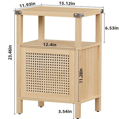 Lerliuo Rattan Nightstand, Boho Side End Table with Handmade Natural Rattan Decorated Door and Open Shelf, Wood Accent Night Stand with Storage, Bedside tables for Bedroom, Living Room (Natur - WoodArtSupply