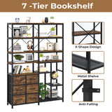 HAUOMS Corner Bookshelf, 7-Tier Industrial Convertible Book Shelf with 6 Fabric Drawers, Corner Bookcase Freestanding Display Shelf for Living Room, Kitchen, Home Office, Rustic Brown HAUOMS